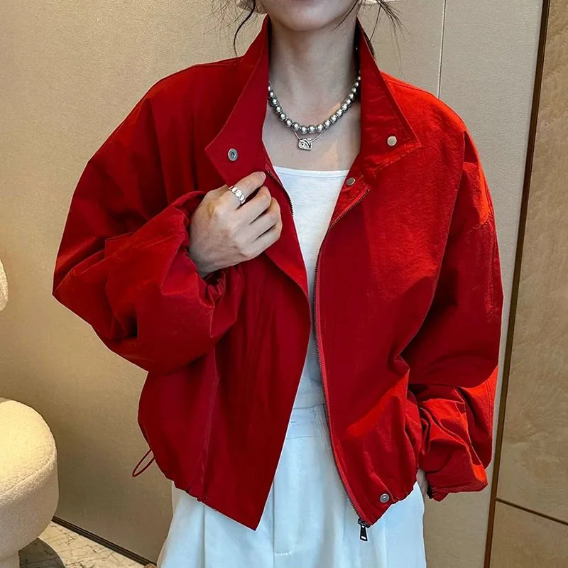2026 Neue Rote Stehkragen-Freizeitjacke für Damen, Herbstmantel, Lässige Kurze Allzweck-Jacke, Damen-Windbreaker