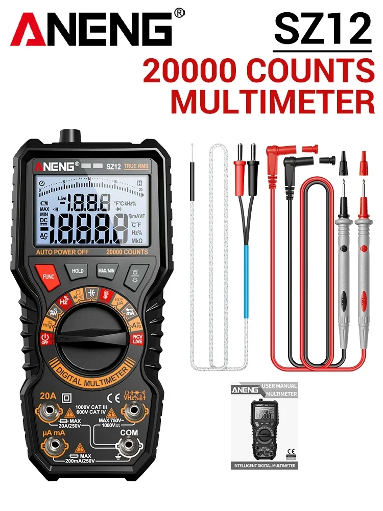 AC/DC NCV Voltage Induction Tester 20A Meter Hz Ohmmer Neutral/Hot Wire Detect Tools ANENG SZ12 Multimeter 20mF Capacitor Test