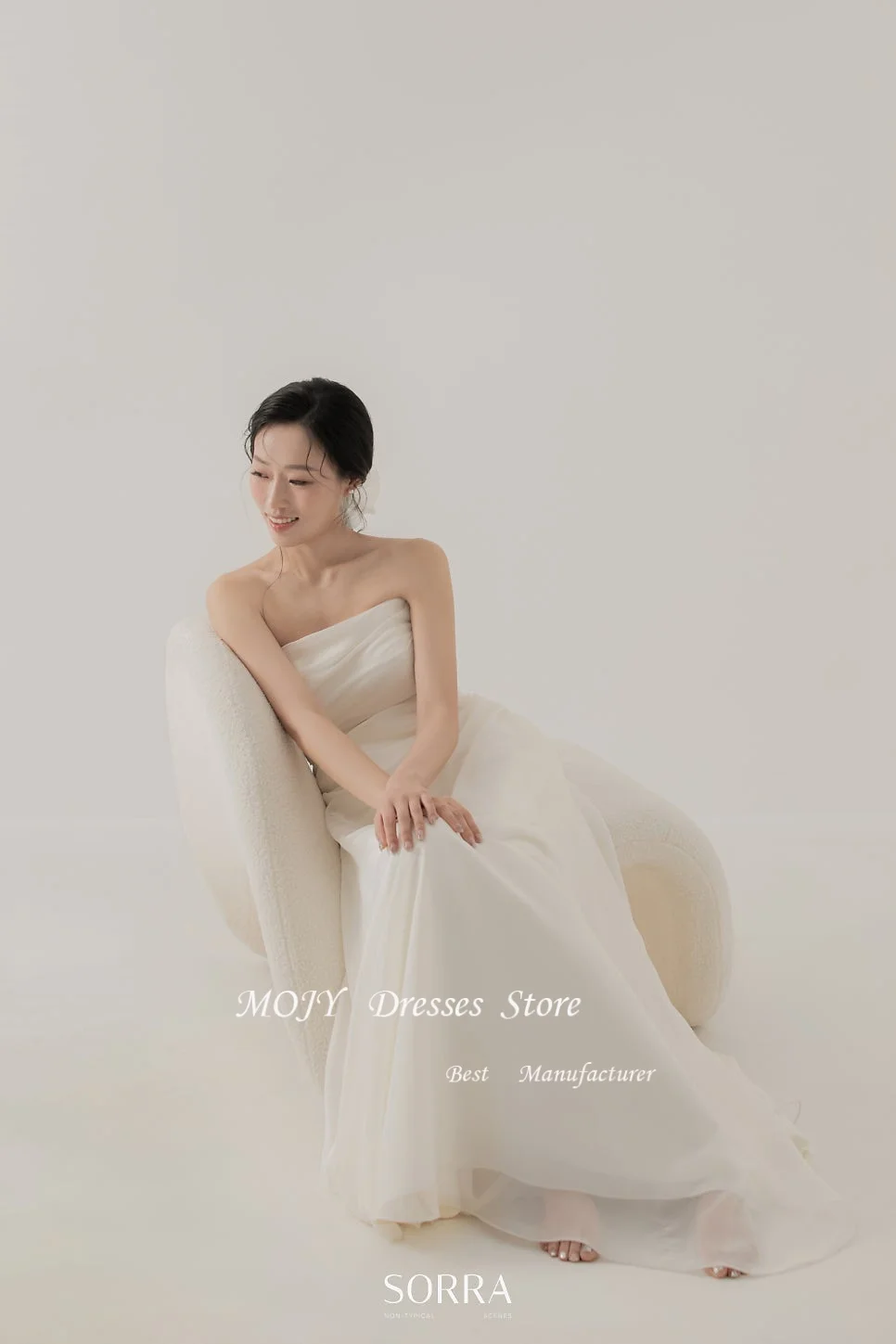 ชุดแต่งงานแบบเกาหลี Mojy แบบเปิดไหล่ สายเดี่ยว ผ้าออร์แกนซ่า ทรงเอไลน์ ชุดเจ้าสาวหรูหรา ยาว สำหรับถ่ายภาพ ผู้หญิง รับตัดตามสั่ง ปี 2025
