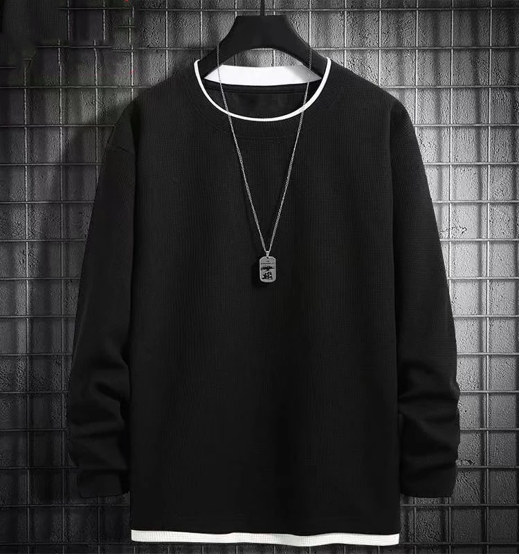 Trendy Men's Long Sleeve T-Shirt Fleece Lined Loose Fit Large Size Heavyweight Waffle Pattern Top Autumn Fashion Streetwear