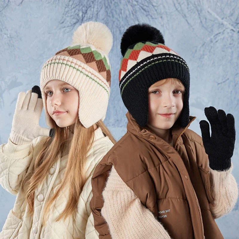

4-10Y Kids Unisex Winter 2pcs Set - Knitted Hat Gloves with Faux Fur Ball & Earflaps, Thicken Warm