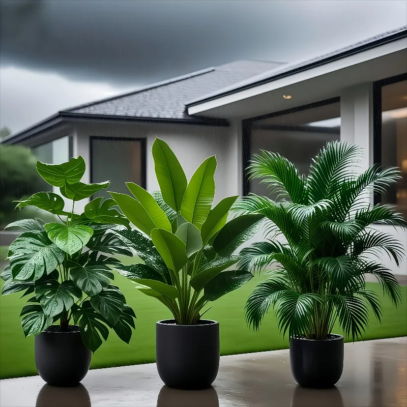Lot de 3 plantes artificielles luxuriantes : bananier, monstera, palmier pour la décoration de la maison, des mariages, des jardins, des balcons et des bureaux (sans pot)