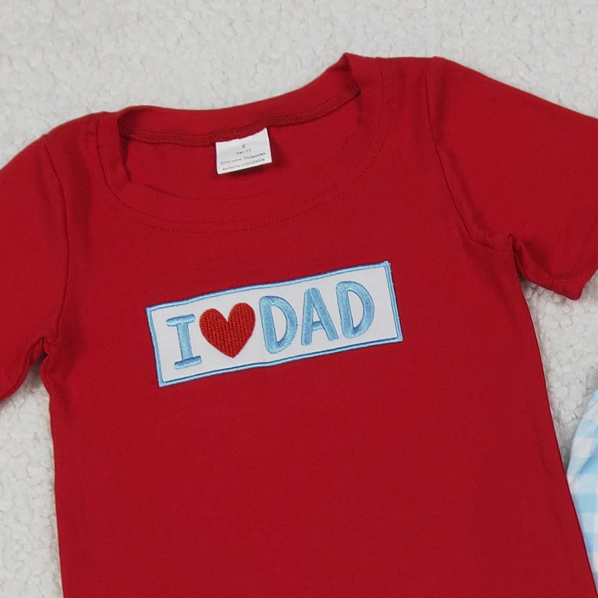 قمصان للأولاد الصغار مطرزة بالقطن الأحمر "I Love Dad" وسراويل مربعة طقم ملابس منقوشة لملابس الأولاد الصغار