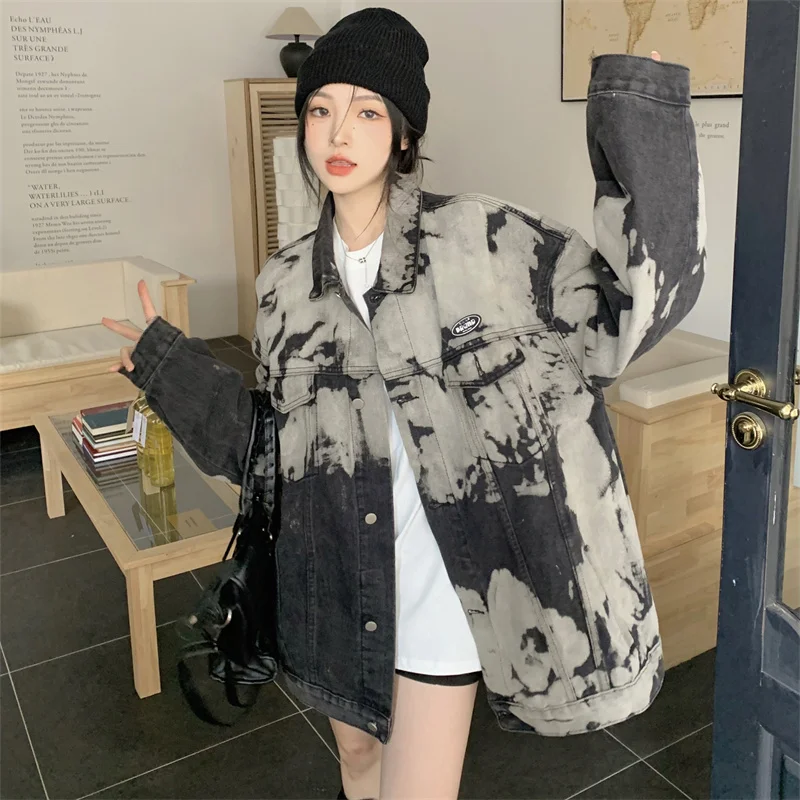 

Design Sense Tie-dye Hong Kong Flavor Denim Coat Women's 2023 Spring Fat mm Showing Thin Loose Outer Matching Top Jacket Tide X4