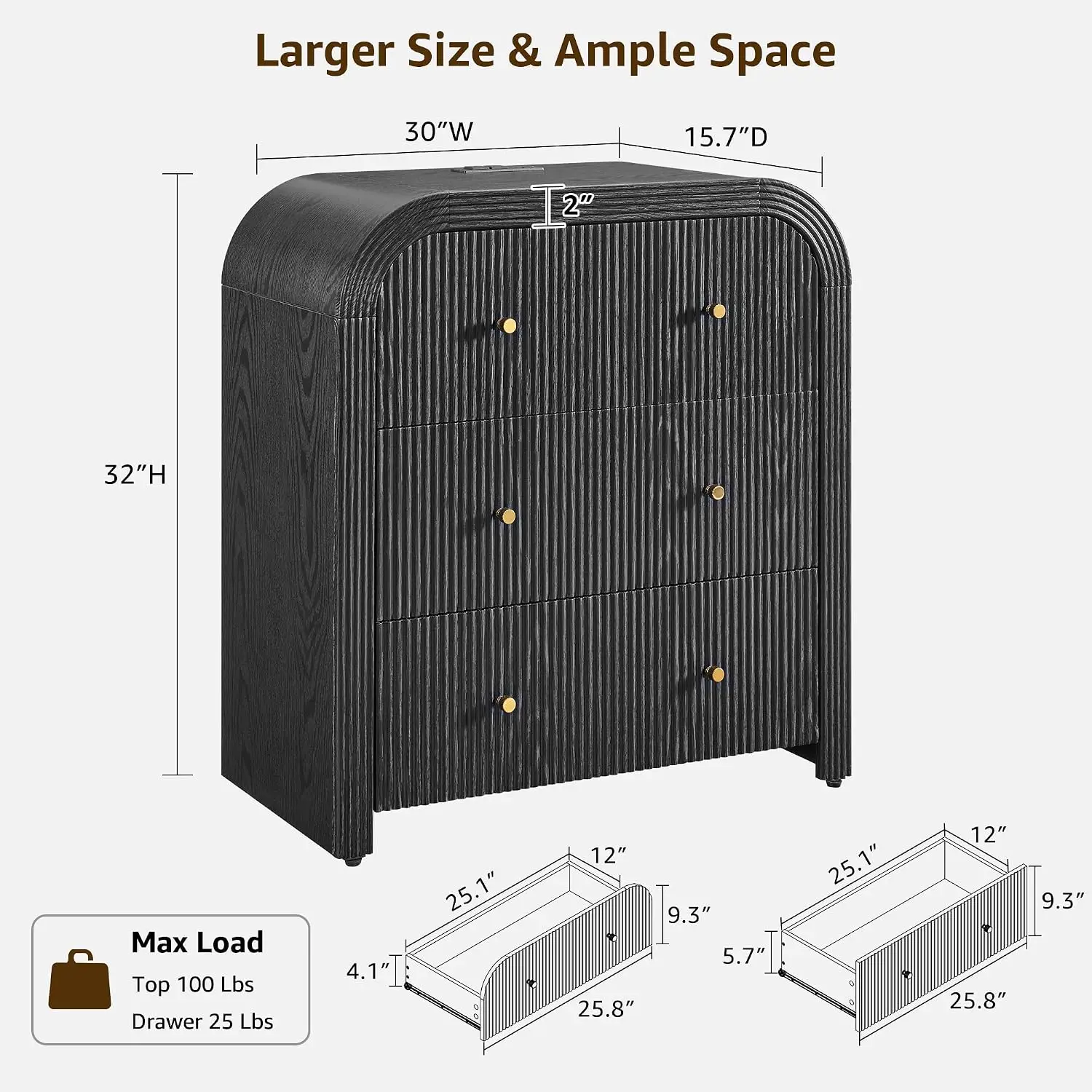 32 Inch Fluted Nightstand Set Of 2 With Charging Station, Black Oak, Customized