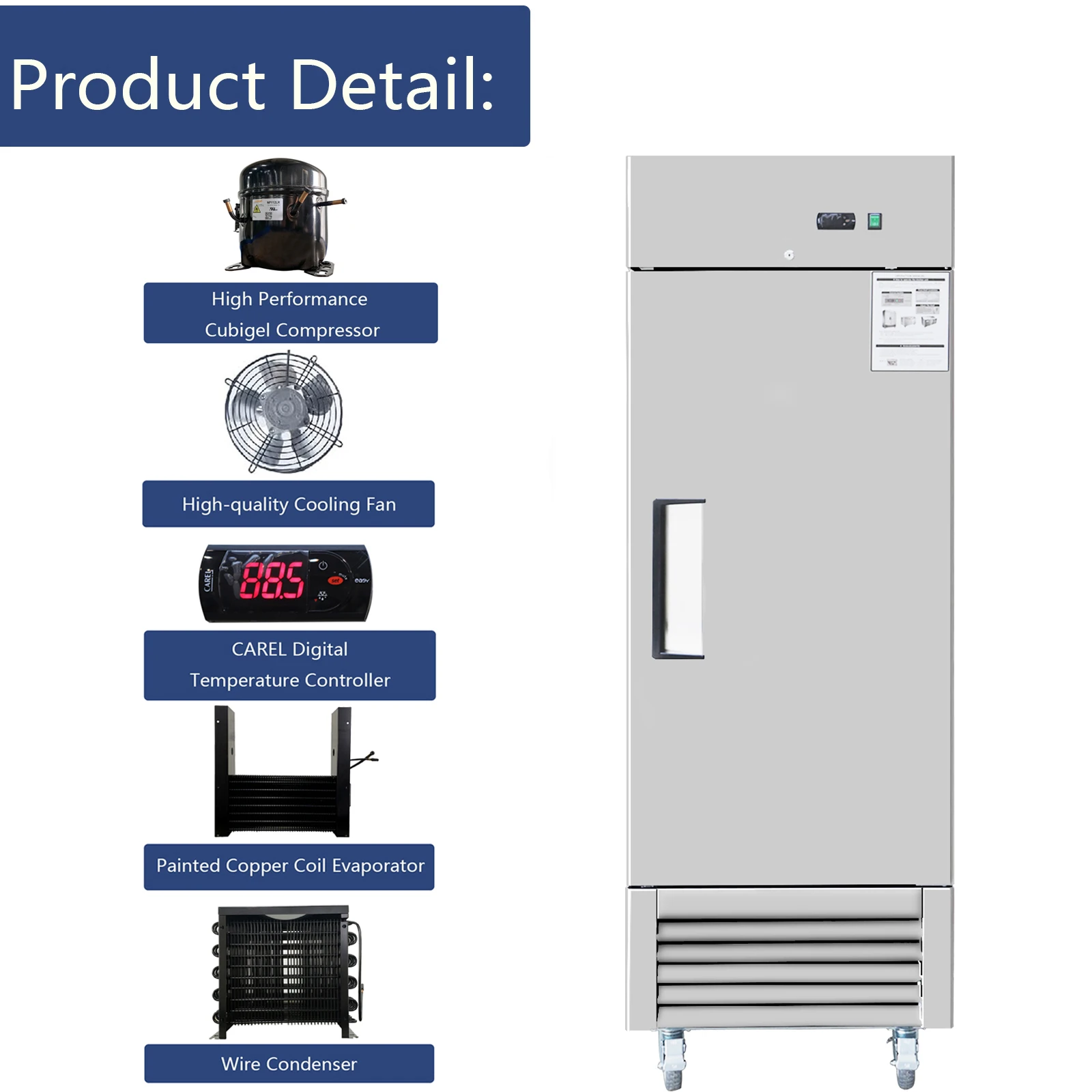 Congélateur à portée commerciale en acier inoxydable, 27 po W, 18.68 pi cu, porte unique Étagères réglables à dégivrage automatique, refroidissement par ventilateur,-8 ℉ ~-4 ℉