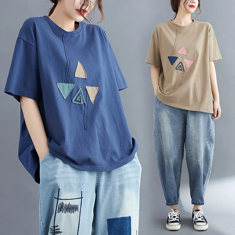 

Свободная женская футболка с коротким рукавом, летняя, повседневная, с художественным пэчворком, утягивающая, скрывающая живот, цветная, хлопковая, топ