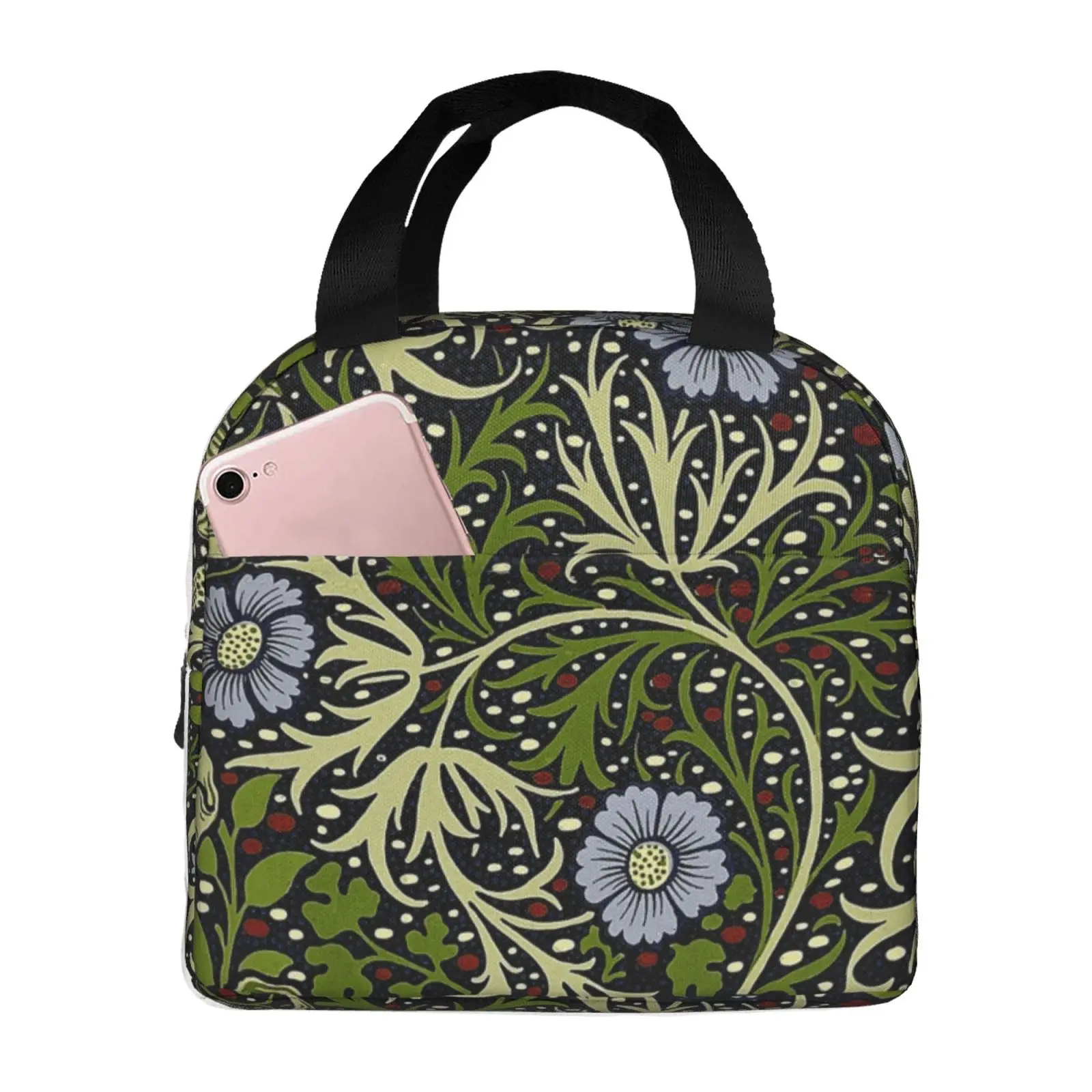 William Morris Flower Leaf Bird Print Lunch Tote Bag Insulated Leakproof Lunch Box Container with Front Pocket for Girls Boys