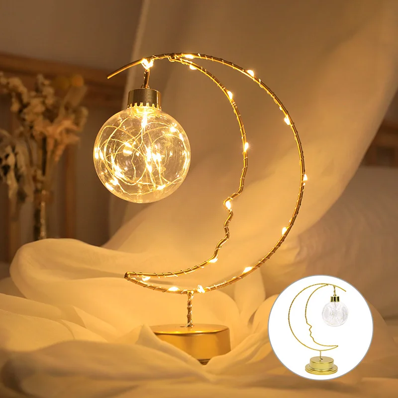 1pc Iron Moon Indoor Ornaments Night Lights, LED Lamp Wrought Iron Moon Lamp,Christmas Decor (battery Not Included)