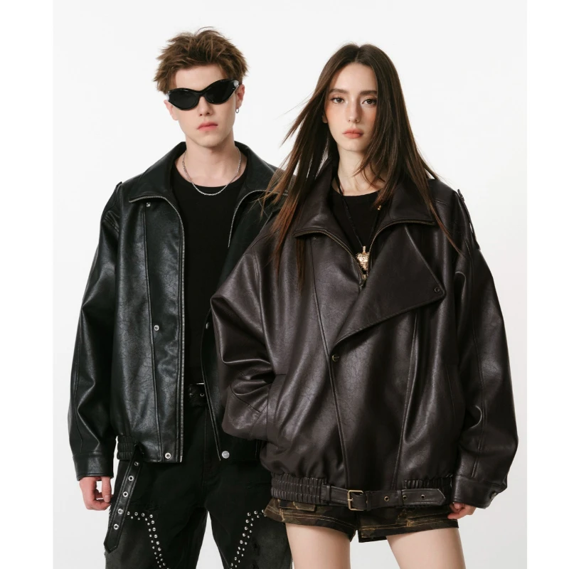 American Retro Unisex Collar Leather Jacket for Men Women 2026 Autumn New Fashion Loose Versatile Cool Motorcycle PU Outerwear