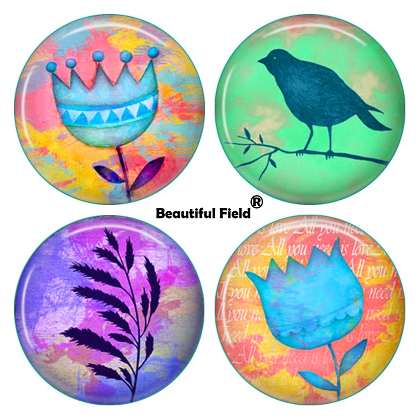 10mm 12mm 25mm 14mm 16mm 18mm 20mm 30mm Photo Pattern Round Glass Cabochons Colorful Flowers Birds