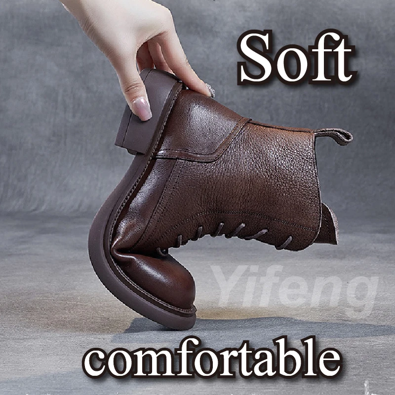 ManBritish Style Middle Boots Full Grain Cow Leather Women Cross Strap Side Zipper Flat Bottom Fashionable Thin Soft Comfortable