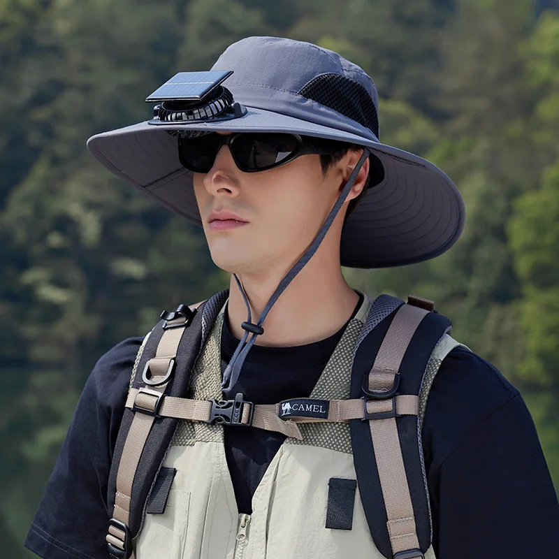 

Solar Fan Sunscreen Cap Men Summer Outdoor Mountaineering Fishing Bucket Hat Big Brim Quick Drying Waterproof Fisherman Hat