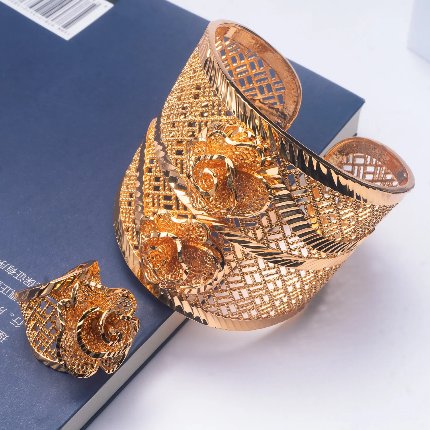 

9999 gold flower bracelet ring set - ethnic style hollowed-out jade pearl rose gold