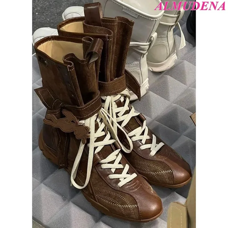 Black/Brown Leather Flat Lace up Boxing Shoes Women's Causal Dress Round Toe Mid Calf Boots Luxury Designer Vintage Booties