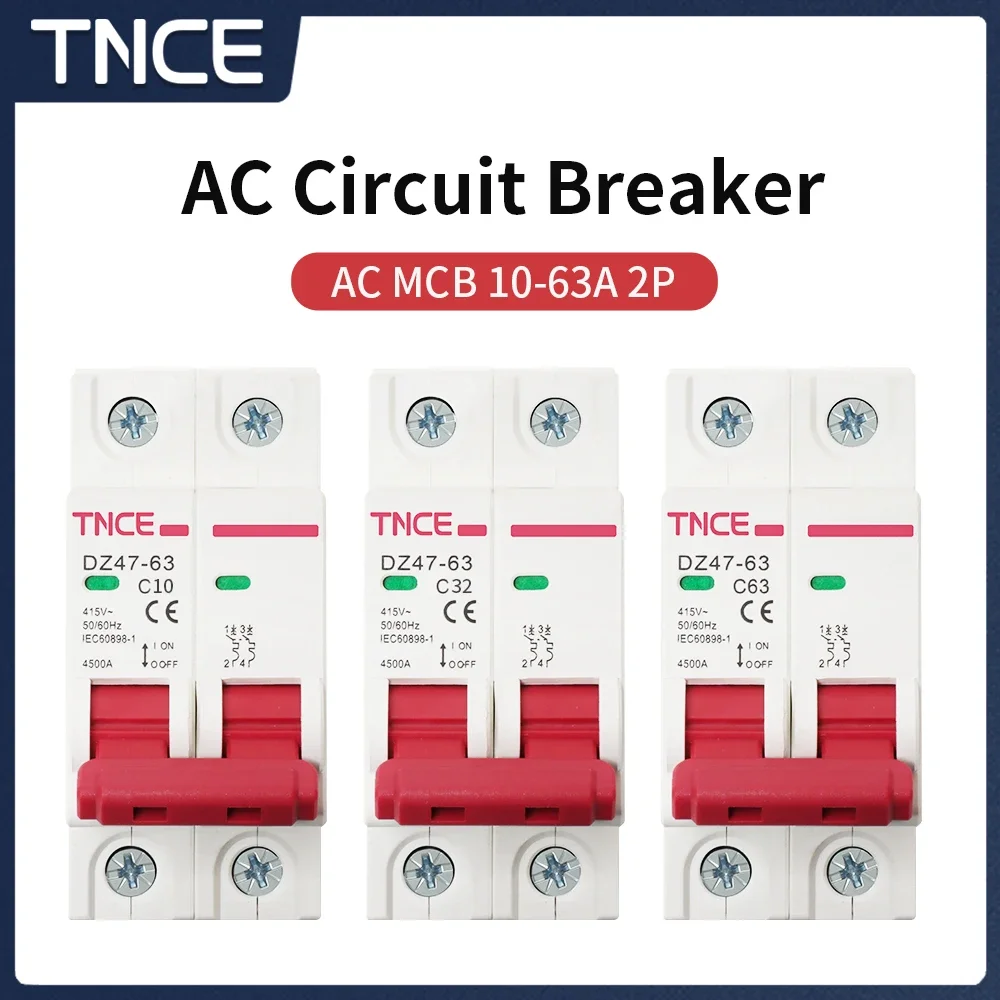 TNCE 10-63A MCB 2P AC 415V C Type Mini Circuit Breaker MCB Short Overload Protector Din Rail Mount Breaking Capacity