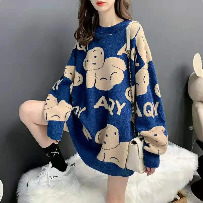 Autumn and Winter Women\'s Pullover Round Neck Long Sleeve Solid Color Printed Lettering Loose Fashion Casual Sweater Tops