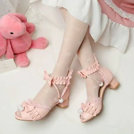 Spring Lace Ankle Strap Women High Heels Mary Jane Pumps Party Wedding Cosplay White Pink Hairball Bow Princess Lolita Shoes