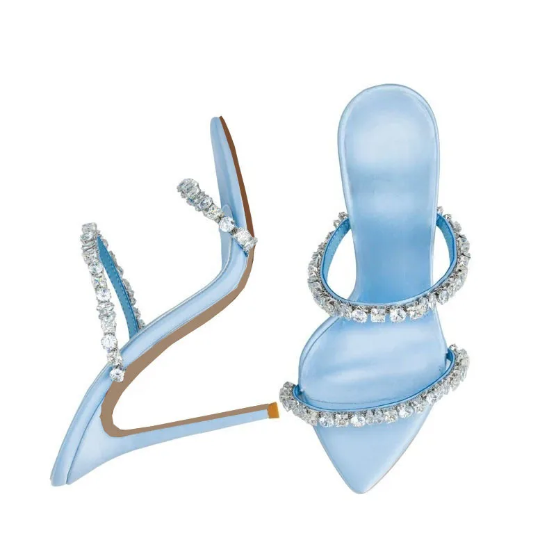 Baby pink/blue crystal diamond leather sandals pointy toe stilettos high heels women's summer new in party wedding slippers
