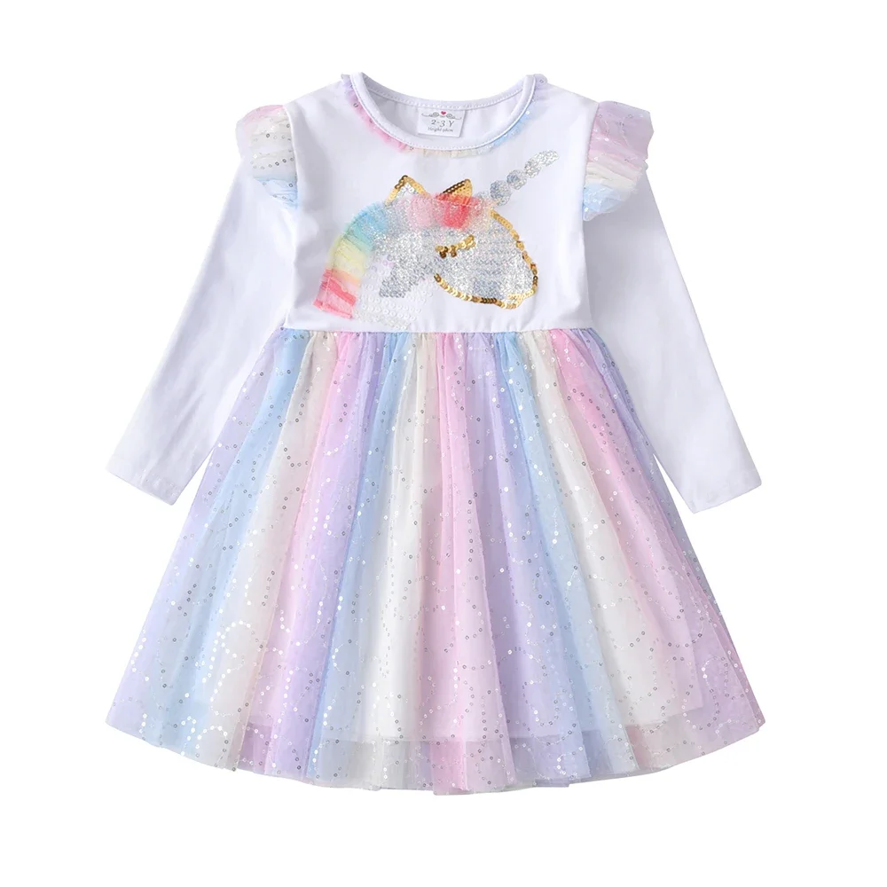 VIKITA Children Clothes Girls Autumn Spring Long Sleeve Gradient Dress Kids Licorne Mesh Tulle Princess Party Frocks 8 Yrs
