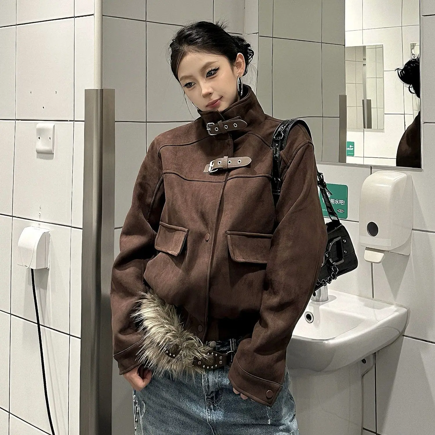 Women Gothic Subculture Oversized Drop‑shoulder Cool Edgy Motorcycle Jacket Retro Harajuku Korean Daily Street Fashion Outerwear
