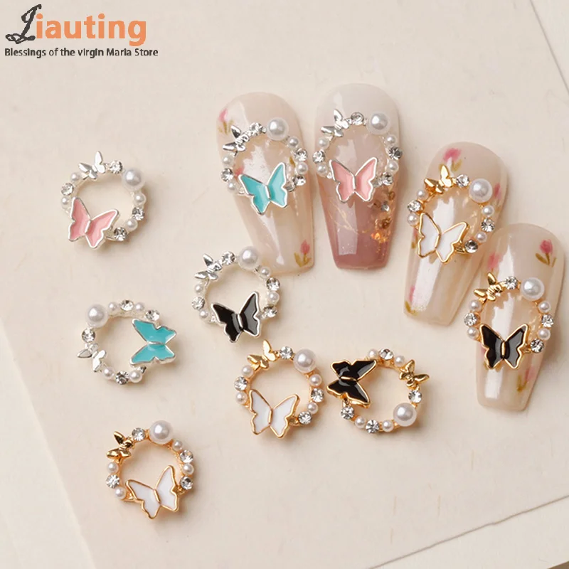 5PCS Butterfly Pearl Nail Oil Drop Alloy Jewelry Love Flower Wreath Nail Decoration Nail Salon DIY Accessories Manicure Drill