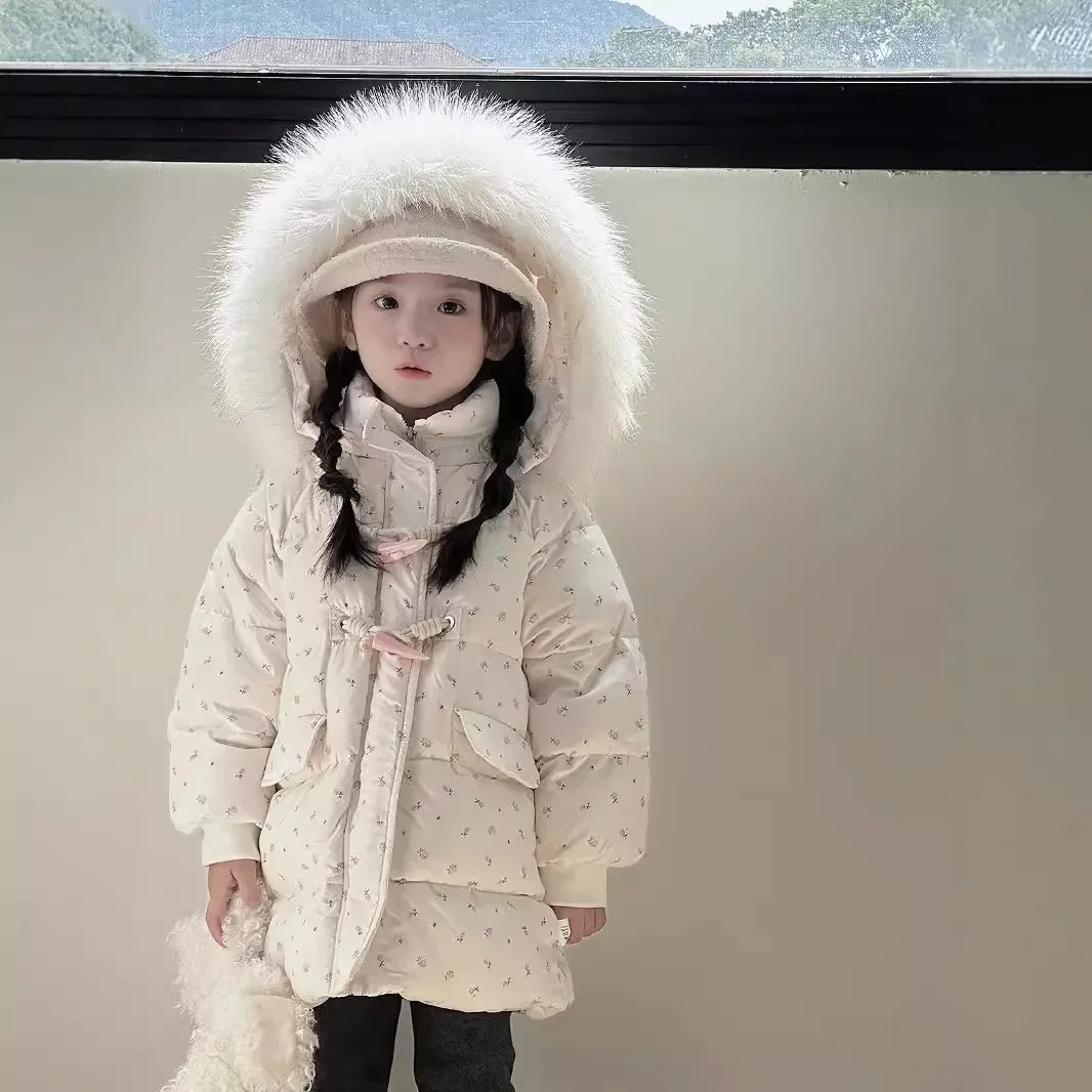 Girls Down Jacket Winter New Childrens Clothes Girl Baby Foreign Cute Floral Hair Collar Down Jacket Casual Simple Daily