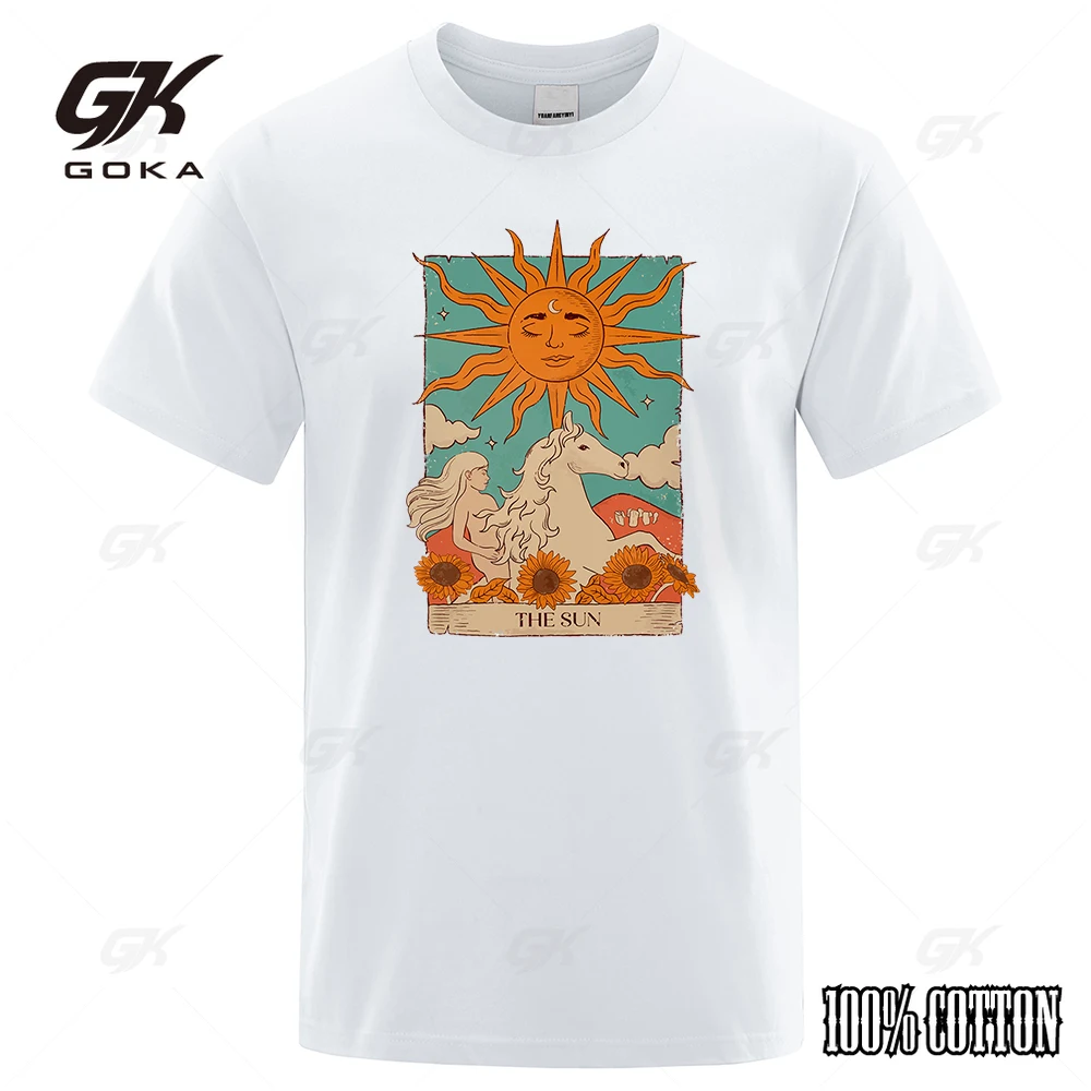 Tarot Card Art The Sun Creativity Print T-Shirt Man Loose Oversize T-Shirt Vintage Casual Top Fashion Casual Cotton Tees Clothes