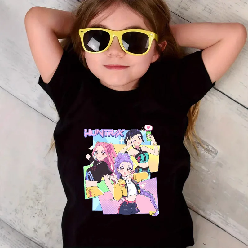 

Детские черные футболки с рисунком KPop Demon Hunters, летние футболки с короткими рукавами и героями мультфильмов, повседневные модные топы с принтом для девочек и мальчиков, хит продаж