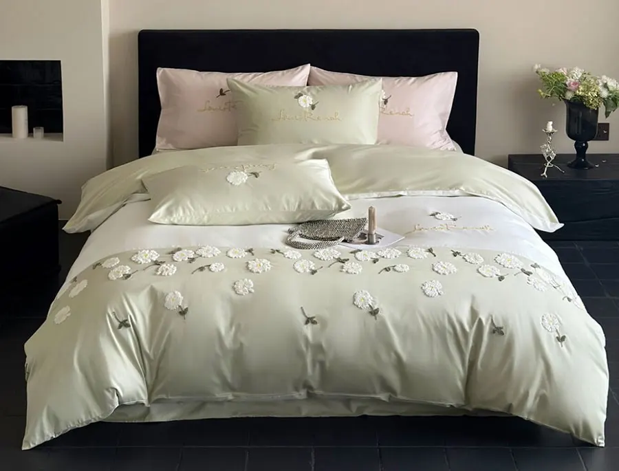 Fresh fashion embroidery daisy green pink bedding set,twin full queen king cotton home textile bed sheet pillow case quilt cover