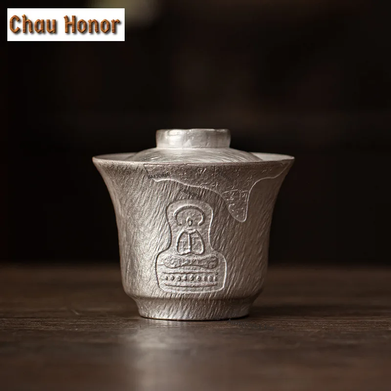 ZAEYORIA 140ml Handmade Gilded Silver Buddha Gaiwan Elegant Tea Tureen Tea Bowl with Lid Kit Tea Maker Cover Bowl Tea Items Gift