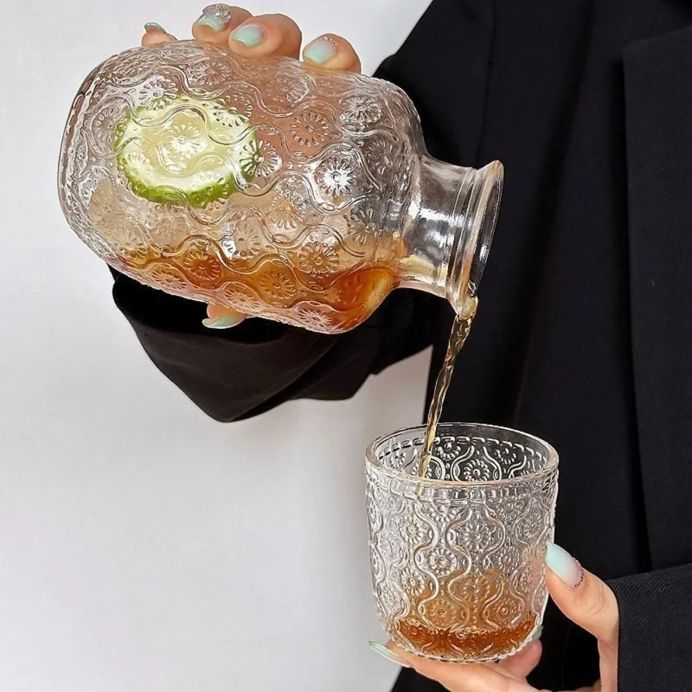Flower Glass Teapot Vintage Water Cold Kettle Juice Glass Coffee Cup Water Glass Set Bedside Night Carafe for Midnight Drink