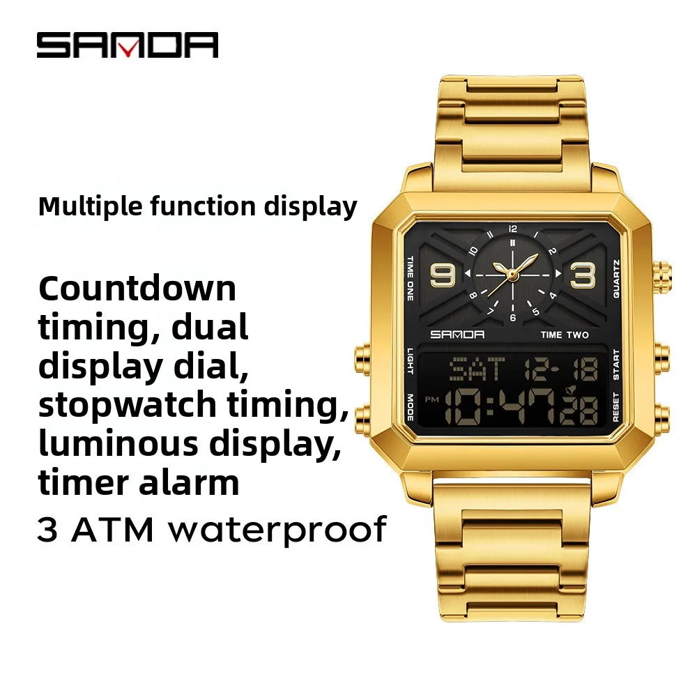 SANDA 6265 Квадратные часы с двойным дисплеем, мужские электронные кварцевые часы с двойным механизмом, 3 атм, водонепроницаемые, с ночником, спортивные деловые часы