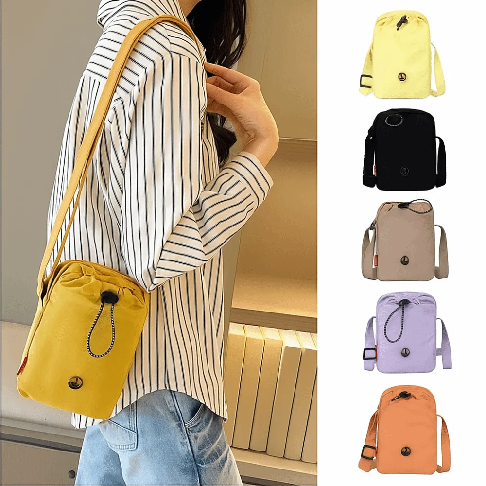 

Versatile Nylon Fabric Single Shoulder Bag Solid Color Sports Style Small Bag Drawstring Casual Mobile Phone Bag Unisex
