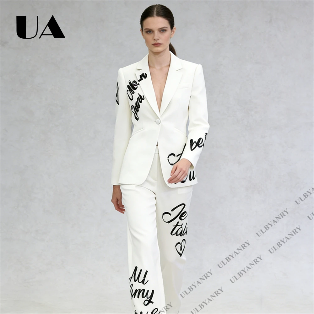 ULBYANRY Womens White Suit Set Sequined Letter Heart Pattern, Deep V Slim Fitting Suit Blazer Trendy Street Party Suit Attire