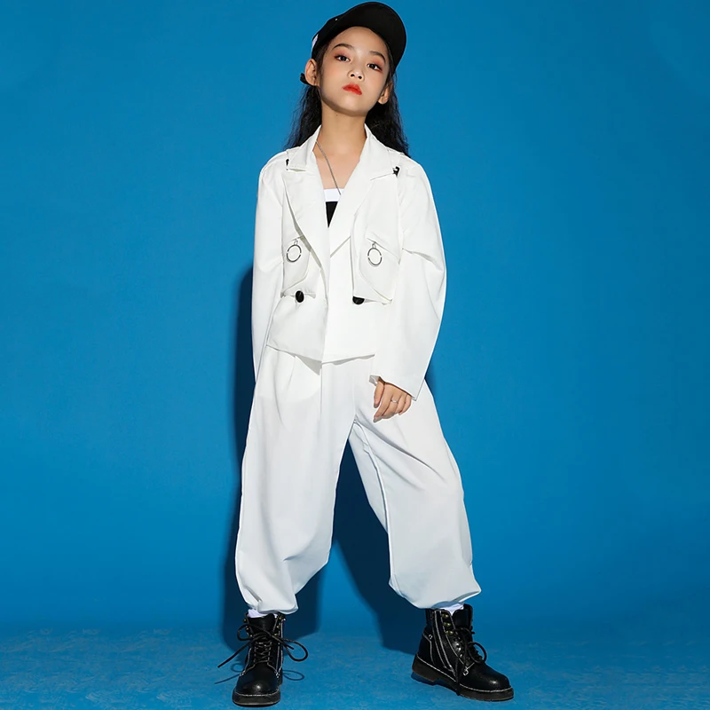 Neue Kinder Hip Hop Kleidung weiße Anzüge Street Dance Bühnen kostüme moderne Jazz Performance Outfit Mädchen Hip Hop Hosen Tops bl5419