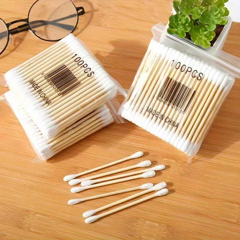 Tamponi di bambù da 100/1000 pezzi Tamponi di cotone per orecchie- Tamponi di cotone-Bastoncini di cotone spessi rotondi doppi per strumento di pulizia del trucco