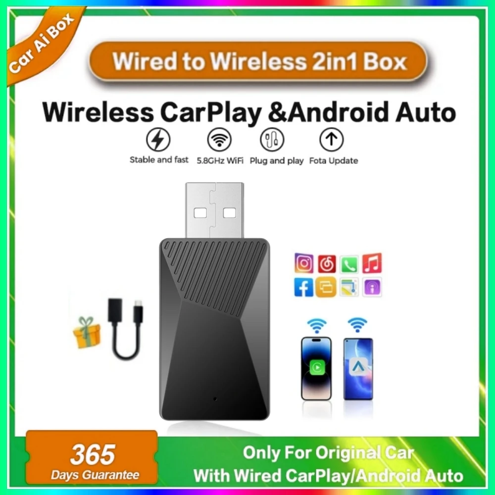 LEXXSON Mini Wired to Wireless 2 in 1 AI Box Carplay 5G Wifi & Bluetooth 5.0 Android Auto Plug and Play Non-inductive Connection