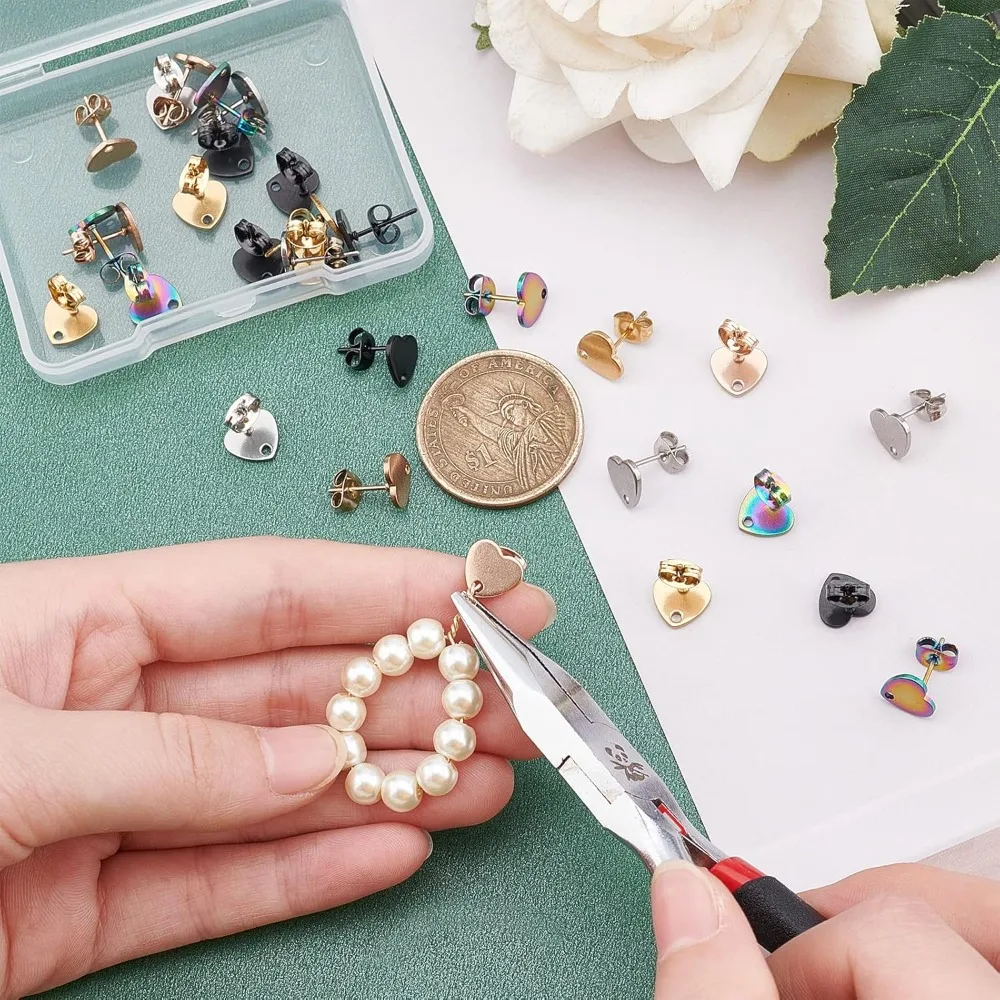 30Pcs 5 Colors 9mm Stainless Steel Heart Shape Stud Earring Findings with Earring Backs Vacuum Plating Stud Earrings Matte