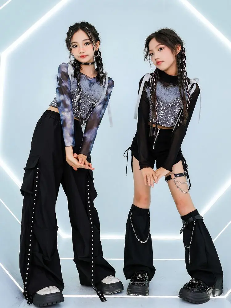 الهيب هوب شارع الرقص الجاز الملابس مجموعات التعادل صبغ شبكة قمم مشرقة سترة كاجرو السراويل الشارع الشهير الطفل الاطفال وتتسابق #3