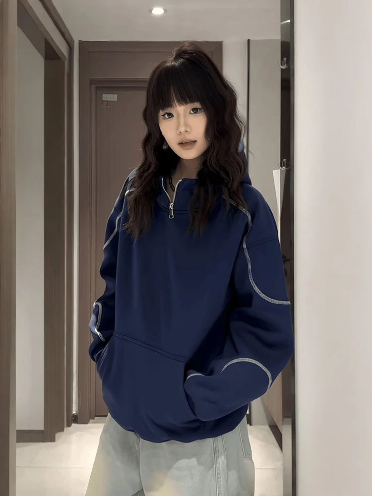 

Мужская толстовка свободного кроя с высоким воротником, синяя, с зигзагообразной строчкой, на молнии, повседневная, весна-осень, куртка-жакет