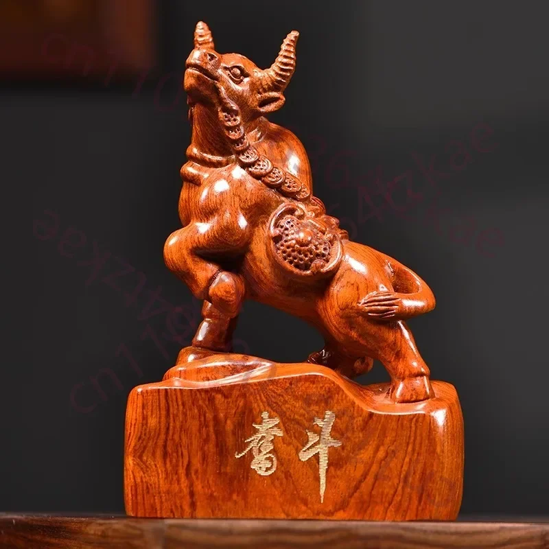 Rosewood Carved Chinese Zodiac Ox Statue - Hardworking Spirit Symbol, Office & Home Decor