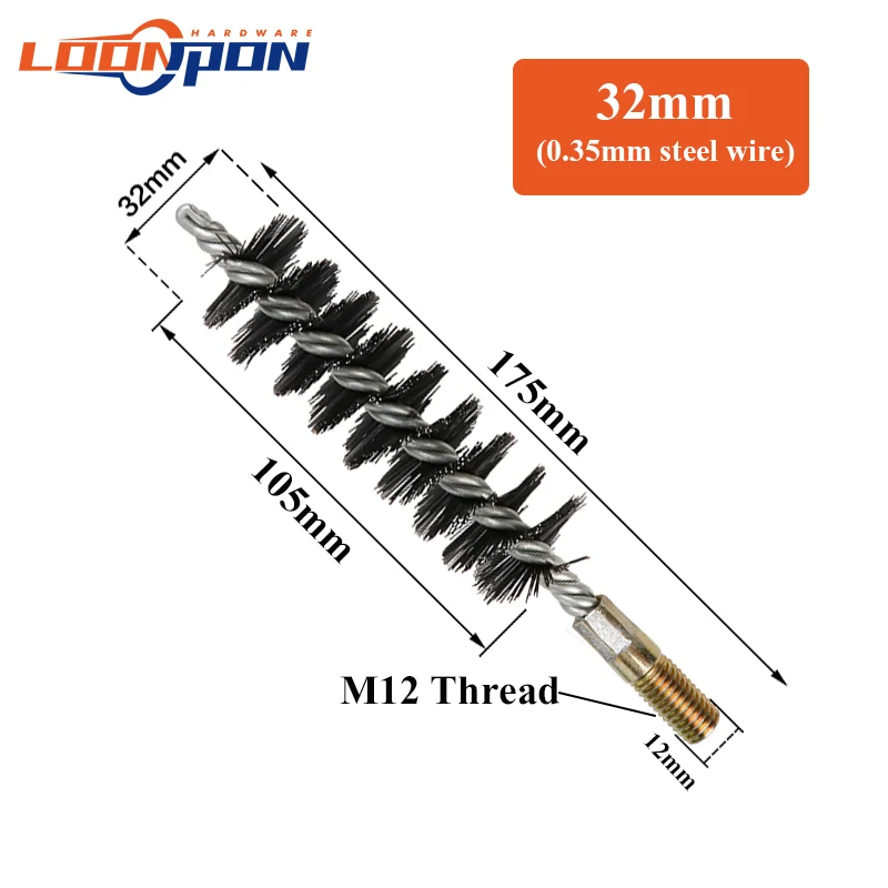 Loonpon M12 Thread Wire Brush Metal Handle 18-75mm Brush Working Stainless Steel Wire Pipe Tube Cleaning Chimney Brush