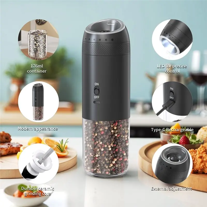 B58B-مجموعة هدايا - مطحنة كهربائية أوتوماتيكية قابلة لإعادة الشحن للملح والفلفل مع 6 إعدادات خشونة قابلة للتعديل