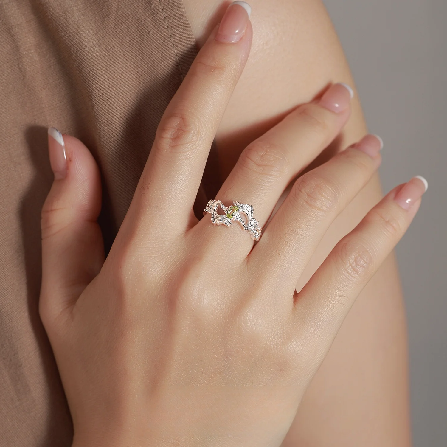 F.I.N.S Punk Irregular Y2k 925 Sterling Silver Rings For Women Leaf-Shaped Olive Zirconia Open Finger Party Aesthetic Jewelry