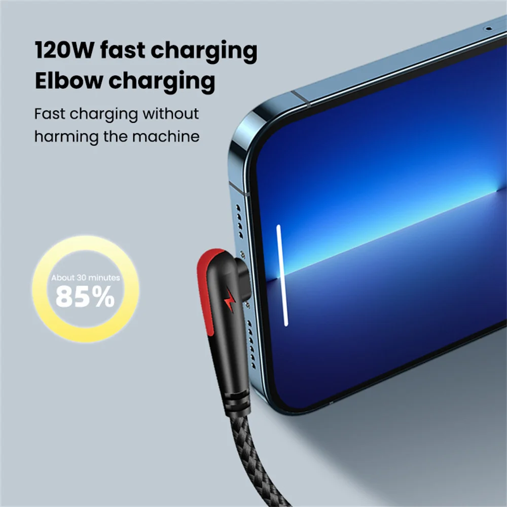 120W 90 Degree Elbow USB to Type-C Fast Charging Data Cable 5A Super Quick Charge Cord for iPhone Samsung Xiaomi Huawei Redmi