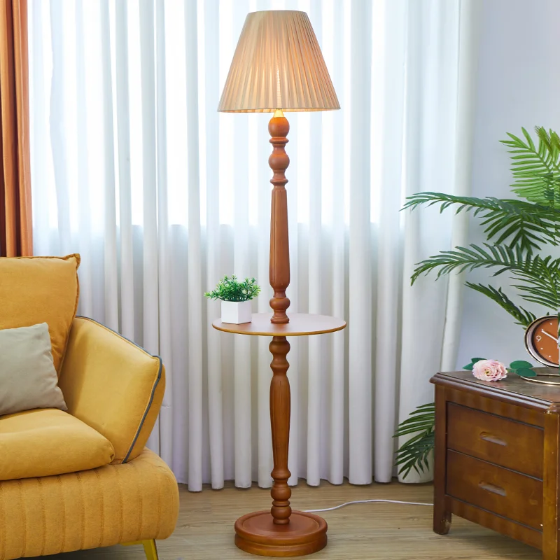 

American retro floor lamp ins wind girl bedroom study bedside Nordic solid wood light luxury pleated vertical lamp