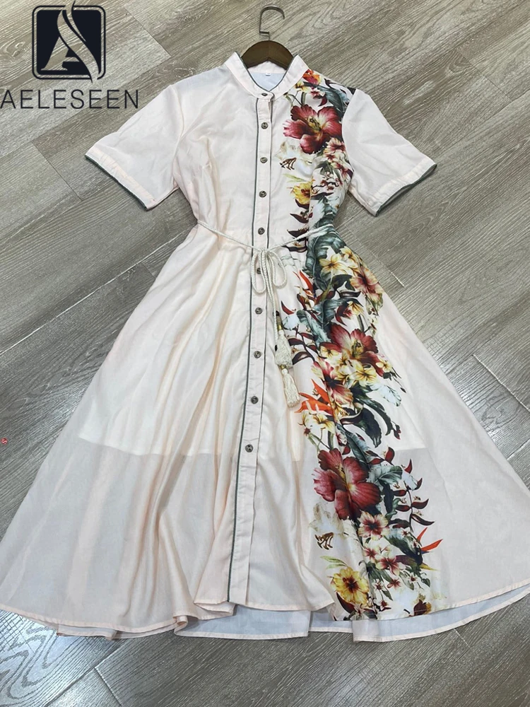 AELESEEN Fashion Designer Shirt Dress Women Summer Stand Single-breasted Belt Flower Print Navy Blue Beige Elegant Party