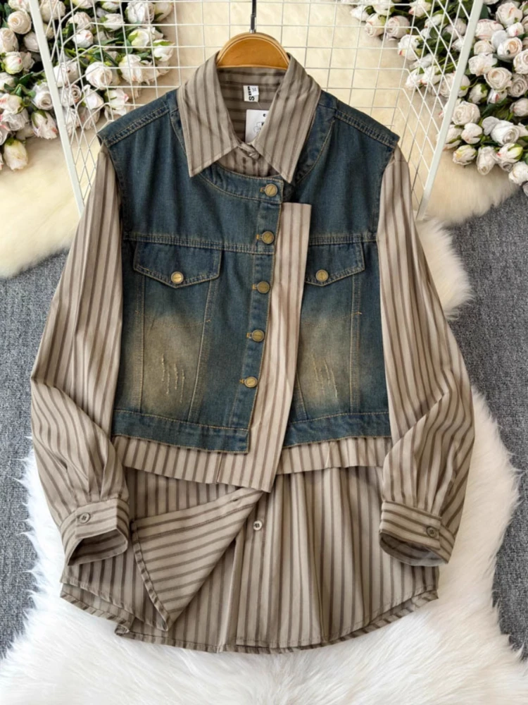 

French Vintage Two Piece Set Turn Down Collar Long Sleeve Blouses+denim Sleeveless Vests Spring Autumn All Match Women Clothing