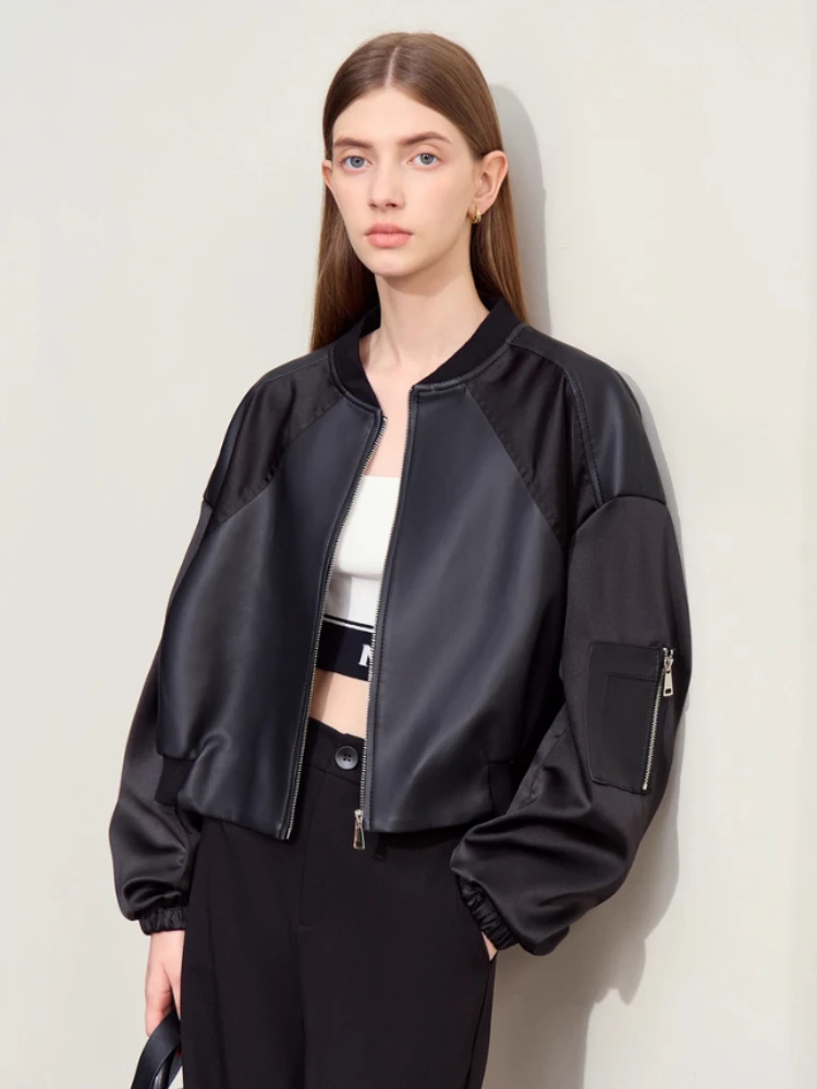 Amii minimalisme en cuir PU pour femmes 2025 automne nouveau décontracté beau col de Baseball fermeture éclair courte rétro femme veste 12423080